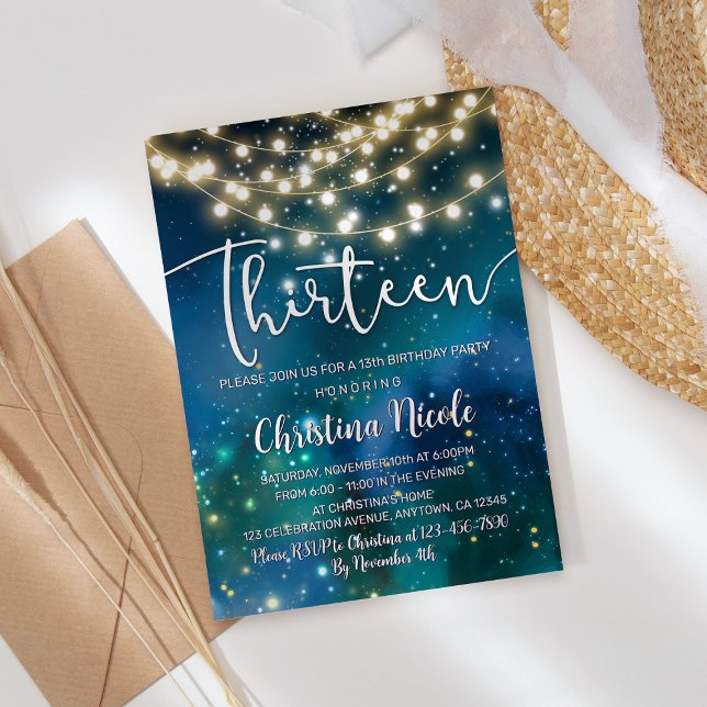 13th Birthday Galaxy Turquoise Blue Green Invitation (Creator Uploaded)