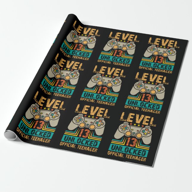 13th Birthday Gift Boys Level 13 Unlocked Official Wrapping Paper (Unrolled)