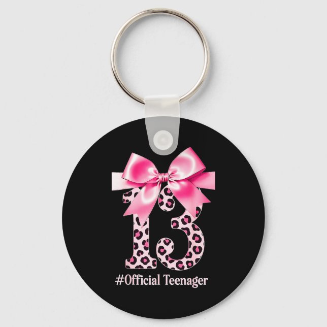 13th Birthday Girl Nk Coquette Bow Leopard 13 Year Keychain (Front)