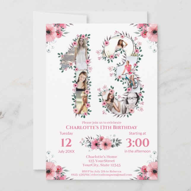 13th Birthday Girl Photo Collage Pink Flower White Invitation (Front)