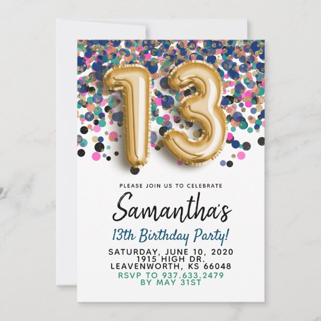 13th Birthday Gold Confetti Invitation (Front)