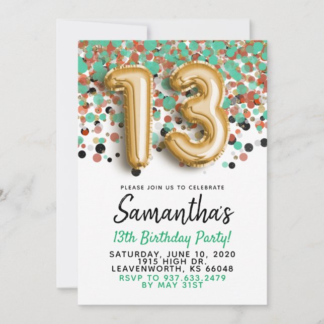 13th Birthday Gold Confetti Invitation (Front)