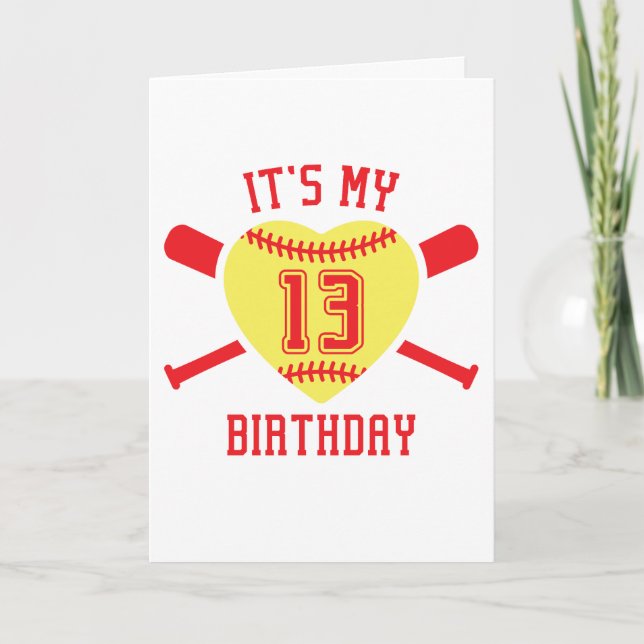 13th Birthday Heart Softball Birthday Card (Front)