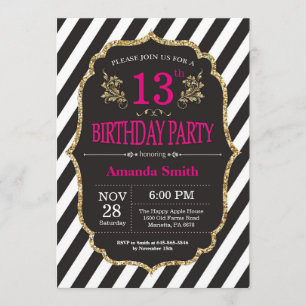 13th Birthday Invitation. Black and Gold Glitter Invitation