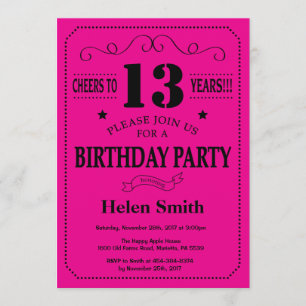 13th Birthday Invitation Black and Hot Pink
