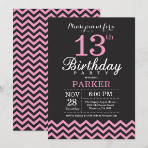 13th Birthday Invitation Black and Pink Chevron