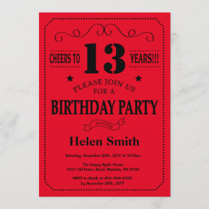 13th Birthday Invitation Black and Red