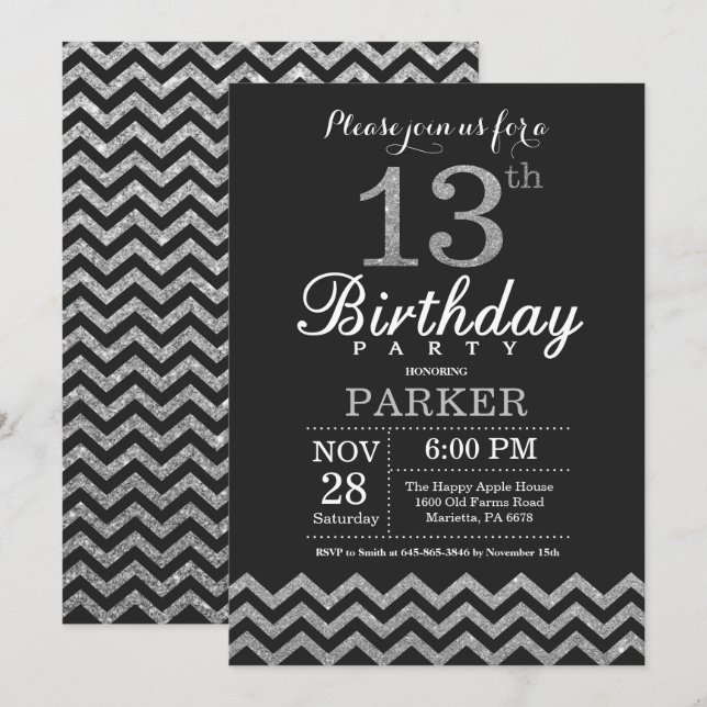 13th Birthday Invitation Black and Silver Glitter (Front/Back)
