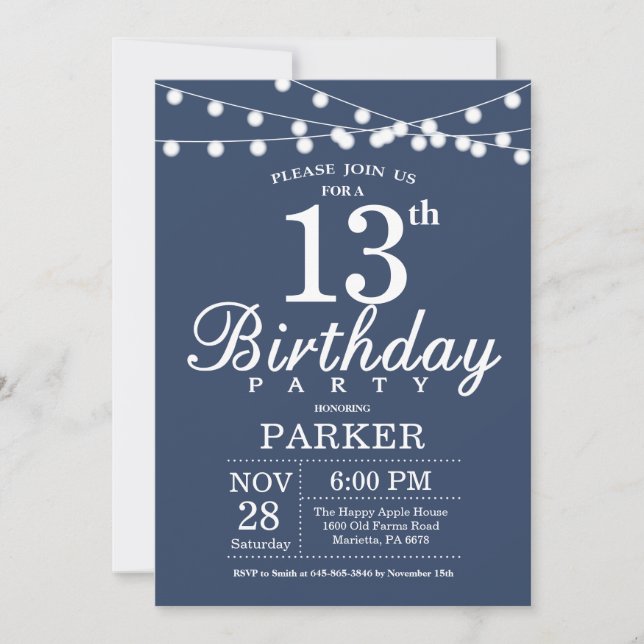13th Birthday Invitation Blue (Front)