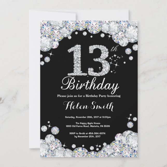 13th Birthday Invitation Chalkboard Silver Diamond (Front)