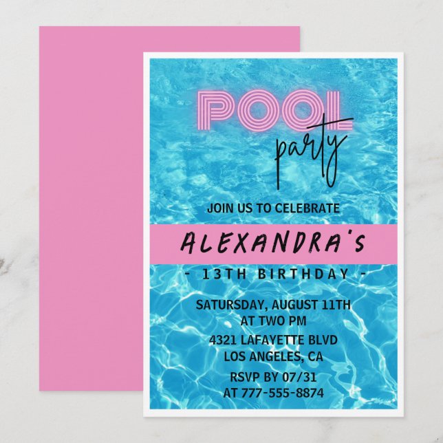 13th birthday invitation for her Pool Party Summer (Front/Back)