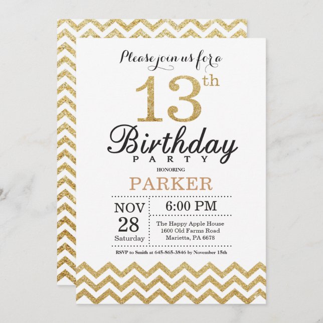 13th Birthday Invitation Gold Glitter (Front/Back)