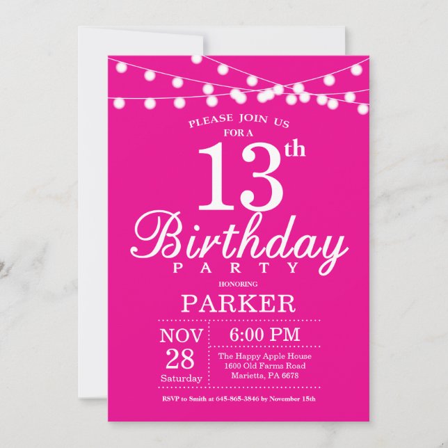 13th Birthday Invitation Hot Pink (Front)