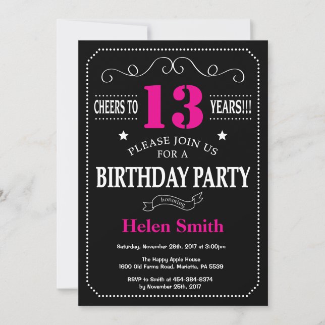 13th Birthday Invitation Hot Pink Black Chalkboard (Front)