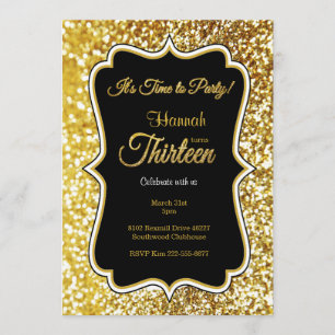 13th birthday invitation in black and gold