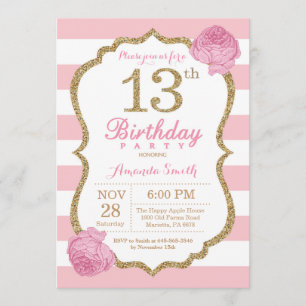 13th Birthday Invitation Pink and Gold Floral