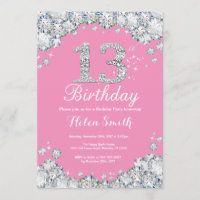 13th Birthday Invitation Pink and Silver Diamond