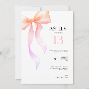 13th Birthday Invitation Pink Bow for Girls
