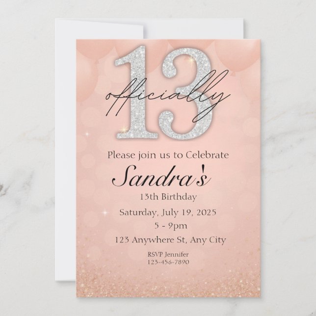 13th Birthday Invitation, Pink Glitter Party Card (Front)