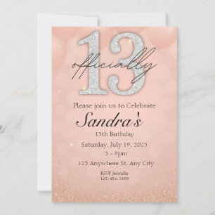 13th Birthday Invitation, Pink Glitter Party Card