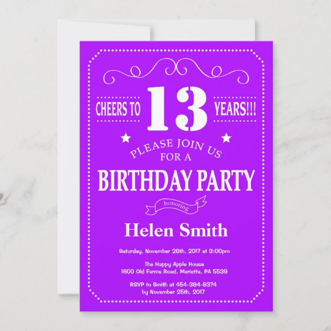 13th Birthday Invitation Purple and White (Front)