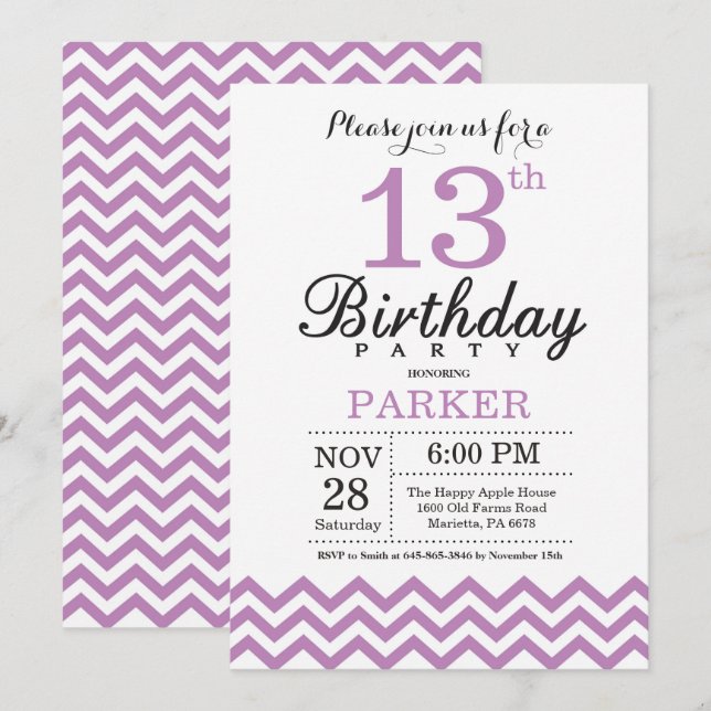 13th Birthday Invitation Purple Chevron (Front/Back)