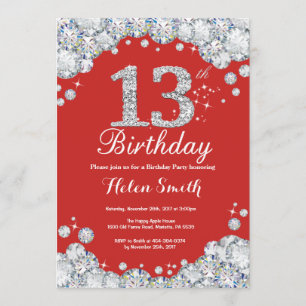 13th Birthday Invitation Red and Silver Diamond