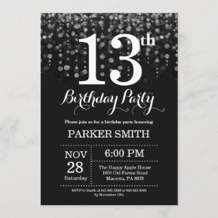 13th Birthday Invitation Silver Glitter