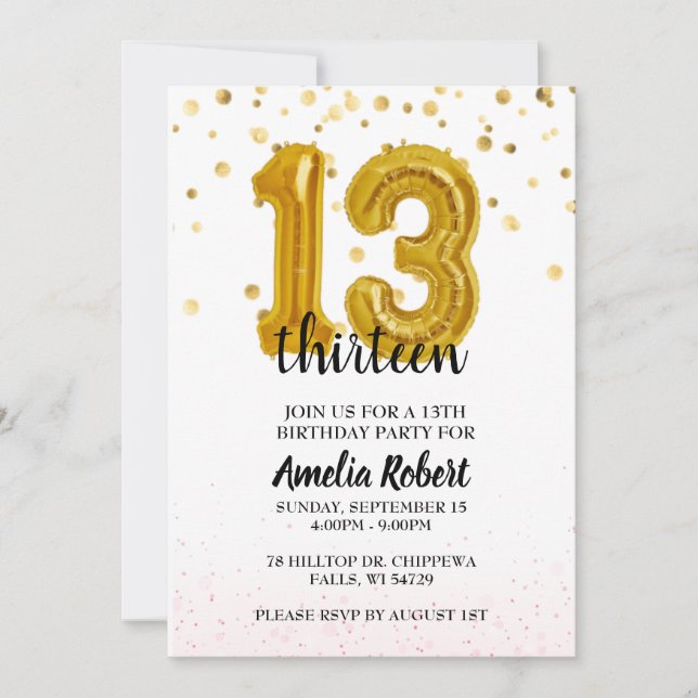 13th Birthday Invitation Thirteen Editable Invite  (Front)