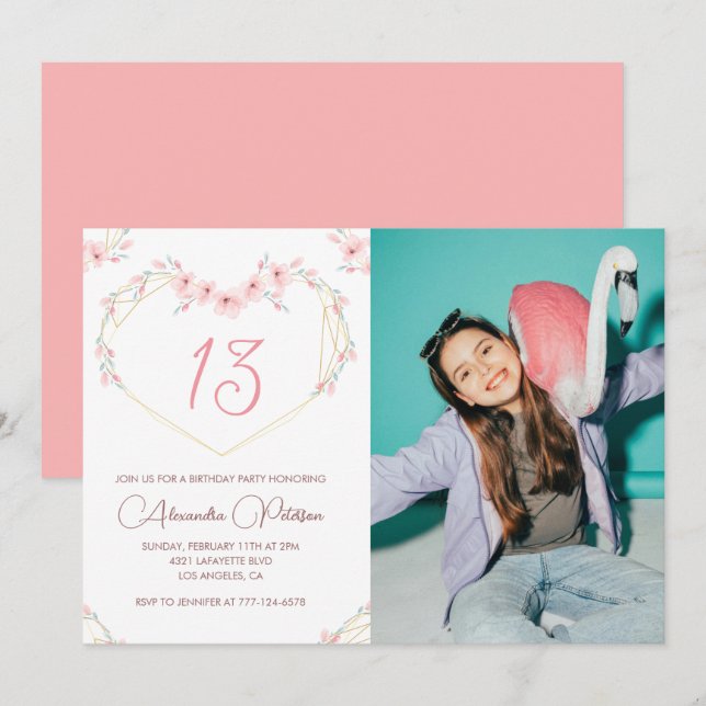 13th birthday invitations Boho Floral Photo (Front/Back)