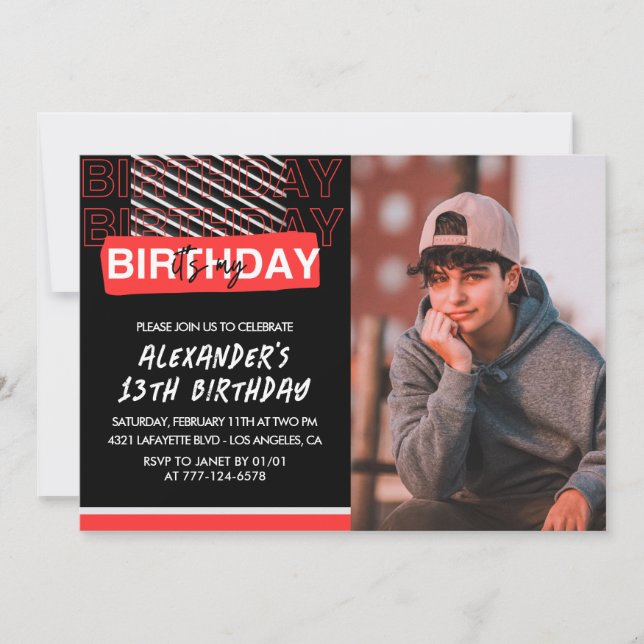 13th birthday invitations boy Party Photo Red  (Front)