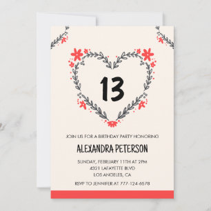 13th birthday invitations for her floral heart