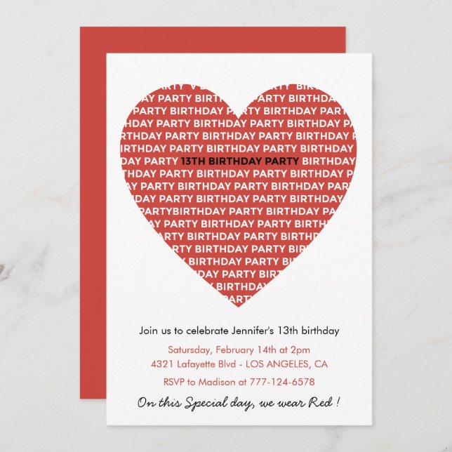 13th birthday invitations Typography Red Black (Front/Back)