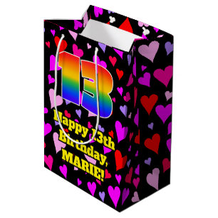 13th Birthday: Loving Hearts Pattern, Rainbow # 13 Medium Gift Bag