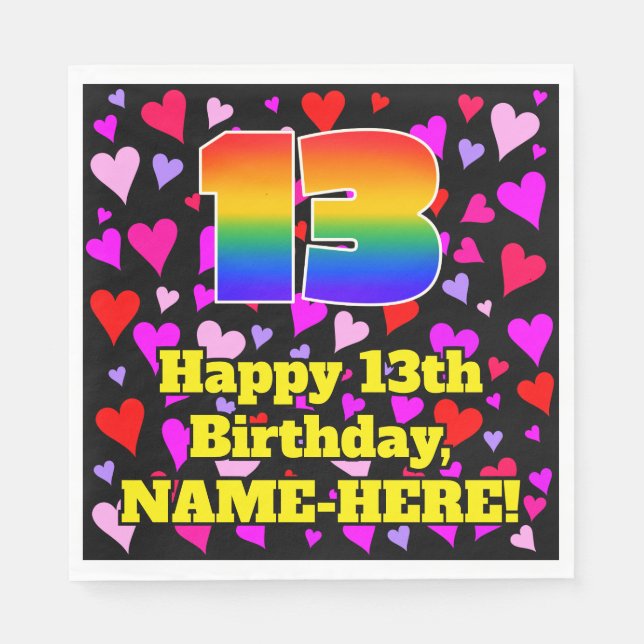 13th Birthday: Loving Hearts Pattern, Rainbow # 13 Napkin (Front)