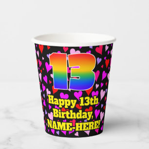 13th Birthday: Loving Hearts Pattern, Rainbow 13 Paper Cups