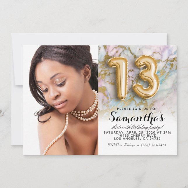 13th Birthday Marble Gold Portrait Invitation (Front)