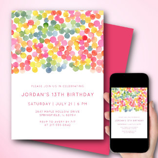 13th Birthday Modern Watercolor Dots Bold Pink Invitation