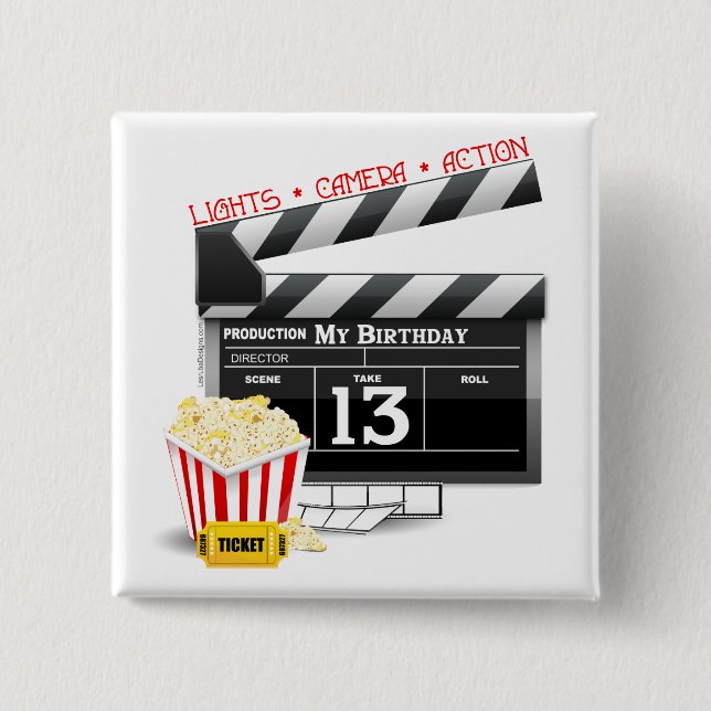 13th Birthday Movie Party 2 Inch Square Button (Front)