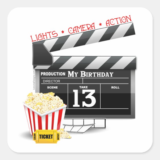13th Birthday Movie Party Square Sticker (Front)
