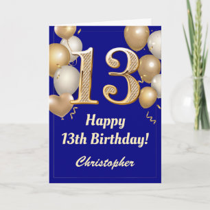 13th Birthday Navy Blue and Gold Balloons Confetti Card
