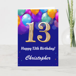 13th Birthday Navy Blue and Gold Colourful Balloon Card