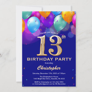13th Birthday Navy Blue and Gold Colourful Balloon Invitation
