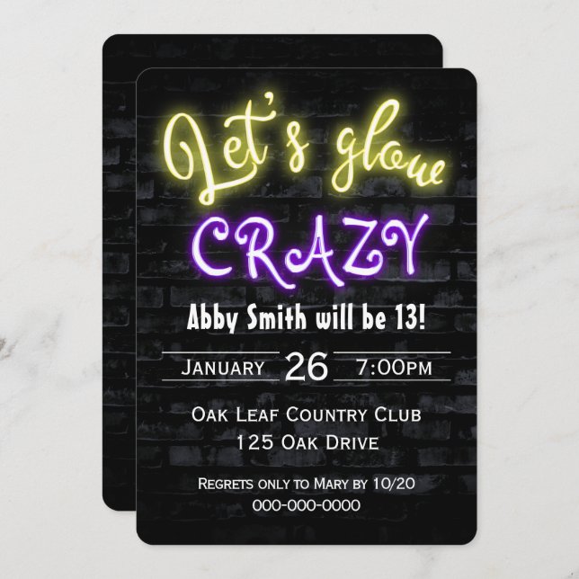 13th Birthday Neon Glow Sign on Brick Wall Invitation (Front/Back)
