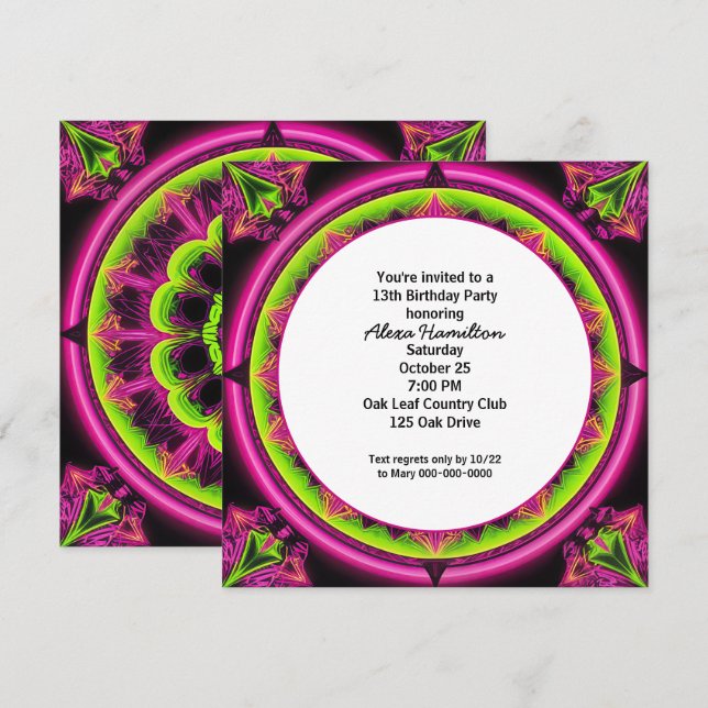 13th Birthday Neon Kaleidoscope  Invitation (Front/Back)