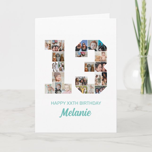13th Birthday Number 13 Photo Collage Personalized Card (Front)