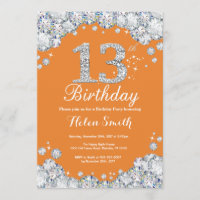 13th Birthday Orange and Silver Diamond