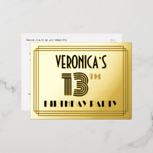 13th Birthday Party ~ Art Deco Style “13” + Name Foil Invitation Postcard