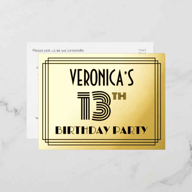 13th Birthday Party ~ Art Deco Style “13” + Name Foil Invitation Postcard (Front/Back)