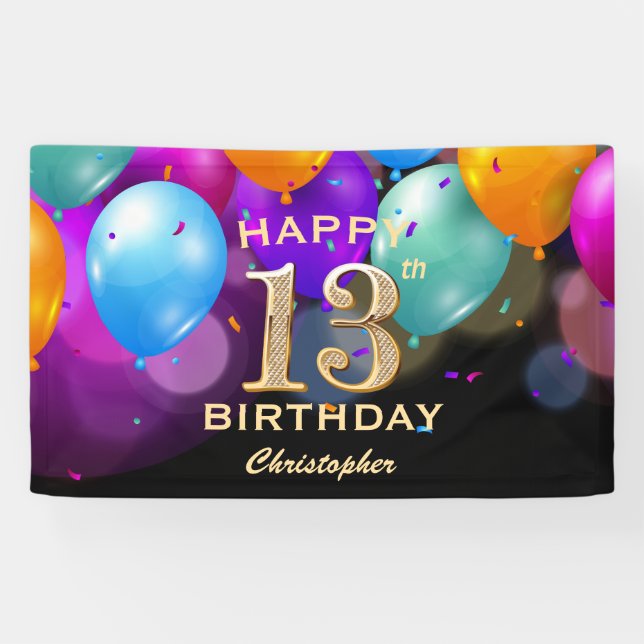 13th Birthday Party Black and Gold Balloons Banner (Horizontal)